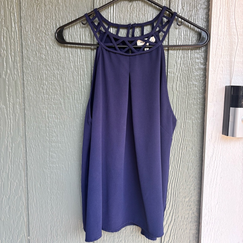 Monteau Los Angeles Navy Lattice Neck Sleeveless Blouse Women’s Medium